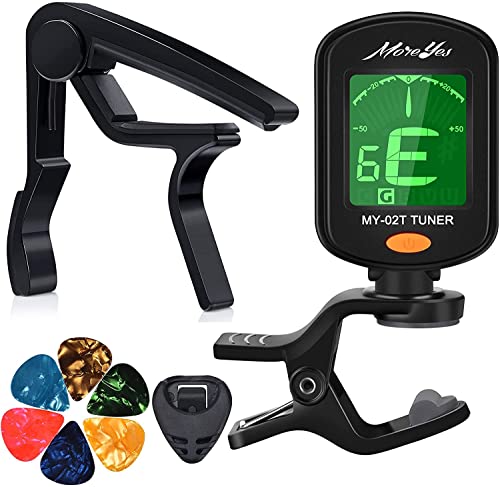 MOREYES Tuner Clip on Chromatic, Guitar, Bass, Violin, Ukulele Include Guitar Capo and Picks and Holder (Tuner+Capo)