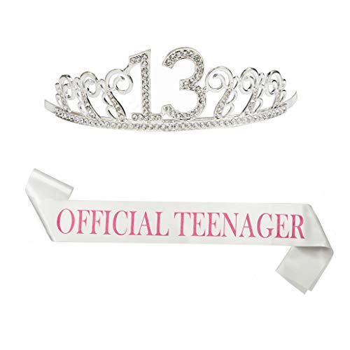 B4MBOO 13th Birthday Crown and Sash, Glitter 13 Crown with A 25 inch “Official Teengager” Pink Sash, Beautiful Tiara and Sash Set for 13th Birthday Party Birthday Party Supplies