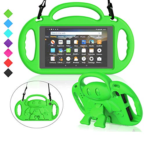 MENZO Kids Case for All-New Fire 7 2019, Light Weight Shockproof Shoulder Strap Handle Stand Case for Fire 7 Inch (Compatible with 9th Generation 2019 / 7th Generation 2017) - Green