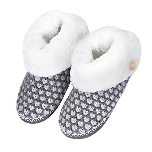 WFL Womens Bootie Slippers, Soft Winter Ankle House Shoes, Knitting Upper and Anti-Slip Sole