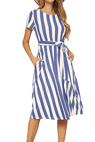 levaca Women's Short Sleeve Striped Casual Flowy Midi Belt Dress with Pockets