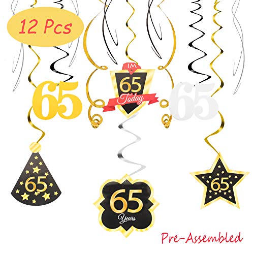 65 Birthday Decoration Happy 65th Birthday Party Silver Black Gold Foil Hanging Swirl Streamers I'm Sixty Five Years Old Today Birthday Hat Gold Star Ornament Party Present Supplies
