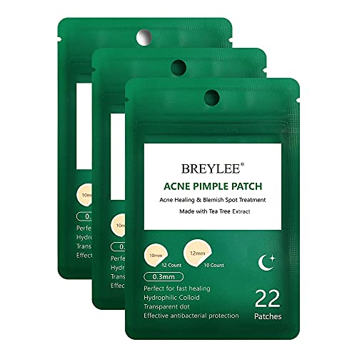 Acne Patches, BREYLEE Tea Tree Pimple Patches Acne Dots Acne Absorbing Cover Pimple Healing Sticker Acne Treatment Hydrocolloid Acne Patch (3 Pack, 66 Count)