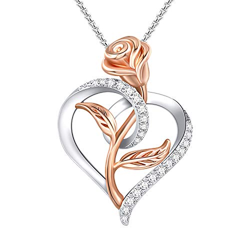 Valentines Gift Rose Necklace for Women Cubic Zirconia Love Heart Pendant Necklace, Silver & Rose Gold 2-Tone Rose Pendant with Jewelry Box Birthday Gifts for Her 14H-Silver heart necklace