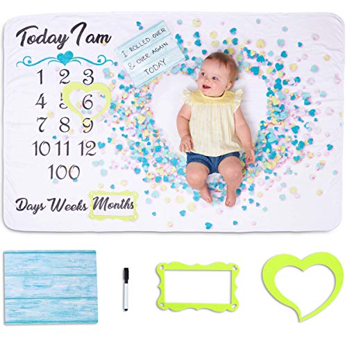 Monthly Baby Milestone Blanket Boy or Girl â€“ Extra Soft, Flannel Fleece Baby Monthly Milestone Blanket for 1st Year Days/Weeks/Months and 100-Day Birthdays with Message Board, Heart and Frame Props!