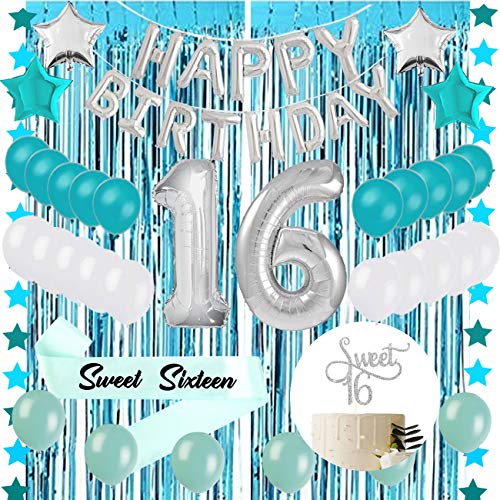 Sweet 16 Sixteenth 16th Birthday Decorations Turquoise Blue Party Balloons Supplies 32" Silver Number 16 Happy Birthday Balloons Tinsel Curtain, Star Garlandâ€¦