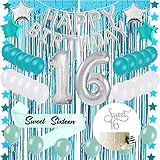 Sweet 16 Sixteenth 16th Birthday Decorations Turquoise Blue Party Balloons Supplies 32" Silver Number 16 Happy Birthday Balloons Tinsel Curtain, Star Garland…
