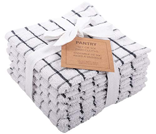KAF Home Pantry 100% Cotton Checkered Grid Dish Cloths | Set of 6, 12 x 12 Inches | Absorbent and Machine Washable | Perfect for Cleaning Counters, and Any Household Spills - Black