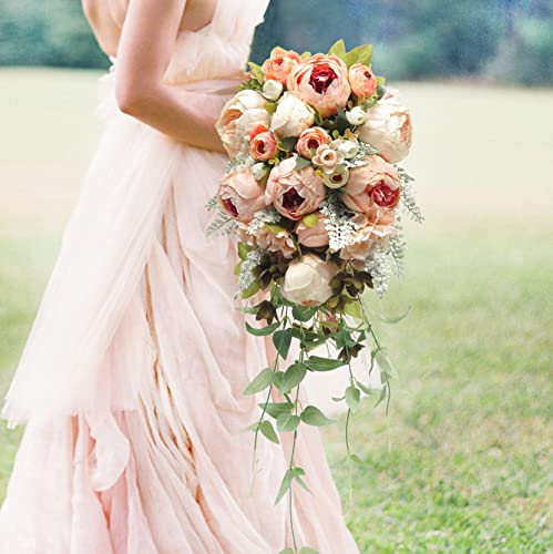 HiiARug Handmade Wedding Bouquets, Artificial Peony Rose Artificial Flower Bouquet Bride Bridesmaid Holding Flower (Pink)