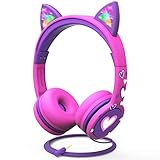 FosPower Kids Headphones with LED Cat Ears (85dB Safe Volume Limit), 3.5mm Soft On-Ear Wired Headphones with Tangle-Free Laced Cables for iPad/Tablet/School/Travel - Hot Pink/Purple