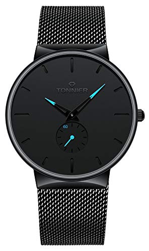 Tonnier Stainless Steel Slim Men Watch with Hollow Watch Hands Independent Second Hand Dial