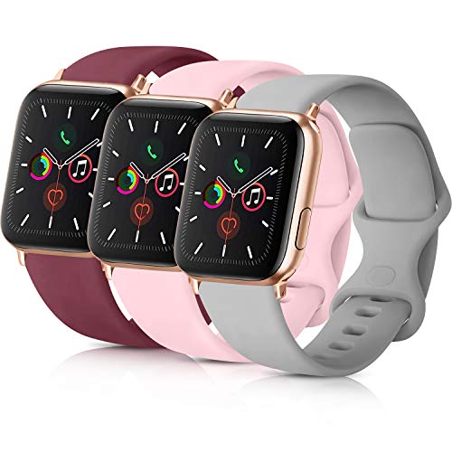 Book Cover ATUP Pack 3 Compatible with iWatch Band 42mm, Soft Silicone Band Compatible iWatch Series 4, Series 3, Series 2, Series 1 (Wine Red/Gray/Pink, 42mm/44mm-S/M)