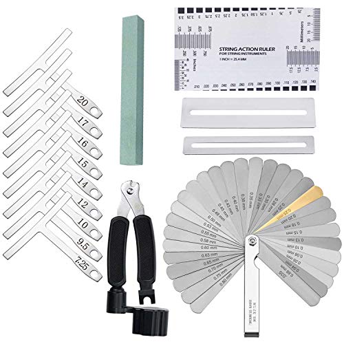 Guitar Bass Luthier Tool Kit Set with 9pcs Understring Radius Gauge + 32 Blades Steel Feeler Gauge + String Action Gauge Ruler + String Winder Cutter + 2 Fingerboard Guard Protectors + Grinding Stone