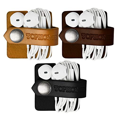 TOPHOME Cord Organizer Earbud Holders Earbud Case Earphone Earbud Headphone Organizer Cord Winder Earphone Wrap Winder Leather Headset Organizer (Black&Coffee&Orange,Set of 3)