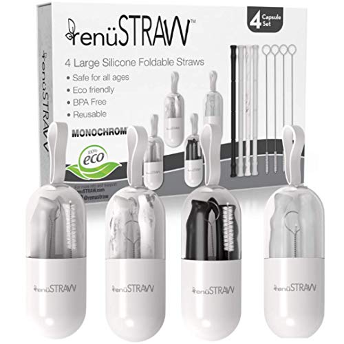 renuSTRAW Collapsible Silicone Straws with case, Monochrome Edition - Folding, Reusable, and Portable Straws for Travel - 4 Sets