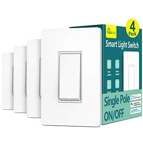 Book Cover Smart Light Switch Treatlife Single Pole Smart Switch Works with Alexa, Google Home and SmartThings, 2.4GHz Wi-Fi Timer Light Switch, Neutral Wire Required, No Hub Required, ETL Listed, FCC, 4 Pack