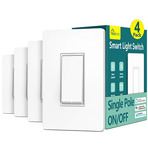 Smart Light Switch Treatlife Single Pole Smart Switch Works with Alexa, Google Home and SmartThings, 2.4GHz Wi-Fi Timer Light Switch, Neutral Wire Required, No Hub Required, ETL Listed, FCC, 4 Pack