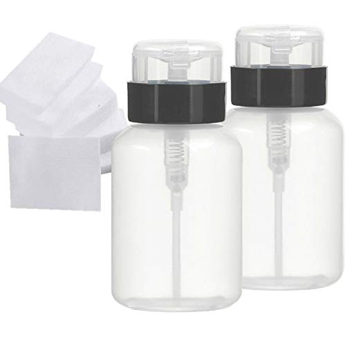 Nail Polish Remover Push Down Bottle Makeup Remover Bottle Empty Lockable Pump Dispenser 200ml (6.8oz) 2 Pack With 320 Pieces Makeup Remover Cotton Pads