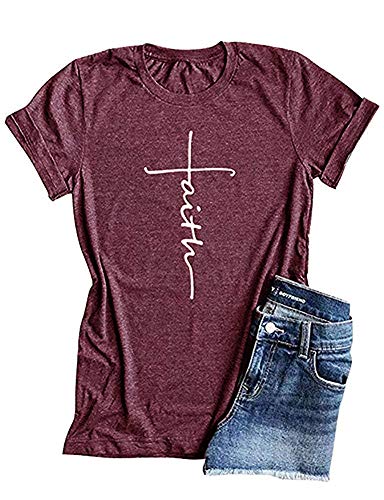 YEXIPO Womens Faith T Shirts Graphic Tees Short Sleeve Letter Print Summer Casual Tops Wine Red