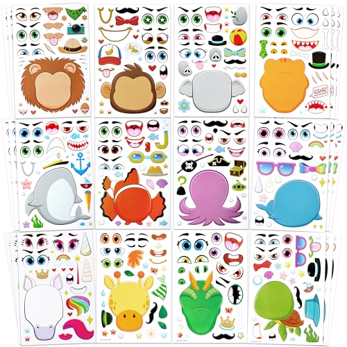 JOYIN 36 PCS 9.8”x6.7" Make-a-face Sticker Sheets Make Your Own Animal Mix and Match Sticker Sheets with Safaris, Sea and Fantasy Animals Kids Party Favor Supplies Craft