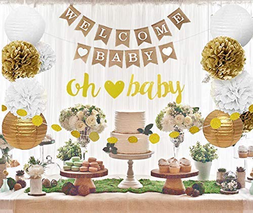 Gender Neutral Baby Shower Decorations, White, Gold, Burlap Welcome Baby Banner, Gold O Baby Banner, Biodegradable Pom Pom, Lantern, Cute Gender Reveal for Boys or Girls Party Decorations