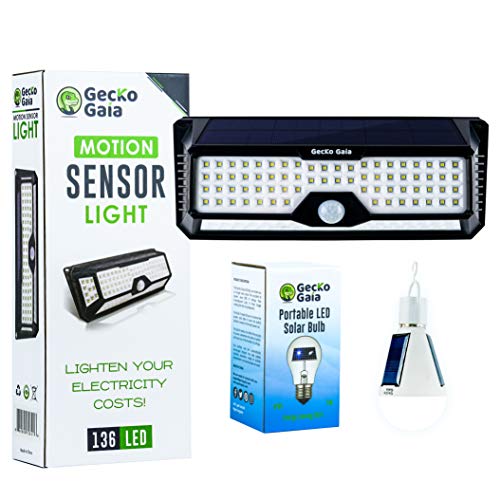 New Upgraded Bigger Solar Lights Outdoor: Super Bright 136 LED Flood Light for Home Security - Wireless with Motion Sensor for Garden, Yard, Deck, Patio or Outside Pathway - Plus Free LED Solar Bulb.