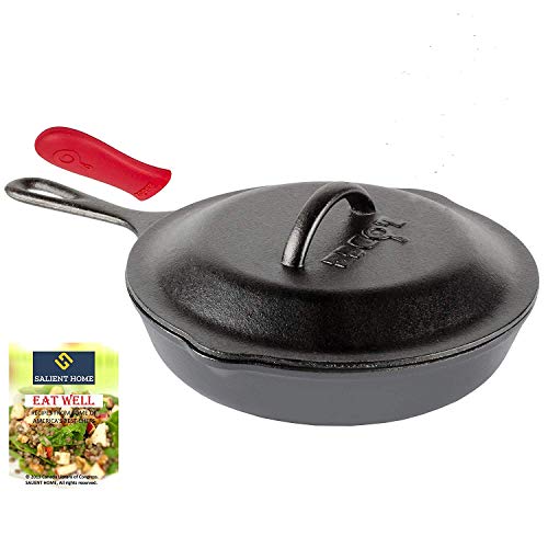 Lodge 9 Inch Cast Iron Skillet with Cover, Pre Seasoned Cookware, Ready for Stovetop, Oven Cooking, Pan is Grill and Induction Safe, Hot Assist Handle Holder, Bundle Includes Salient Home e-book