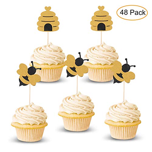 Lauren 48 Pcs Glitter Bumble Bee Cupcake Toppers Fruit Decorations for Bumble Bee Gender Reveal Baby Shower Birthday Party Decor