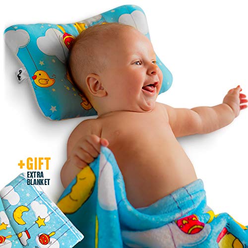 Baby Flat Head Shaping Pillow - Unique Design Pack with New-born Sleeping Pillow and Blanket - Made with Comfortable Organic Cotton Breathable Air Mesh Soft Neck Support Preventing Reflux and Flathead