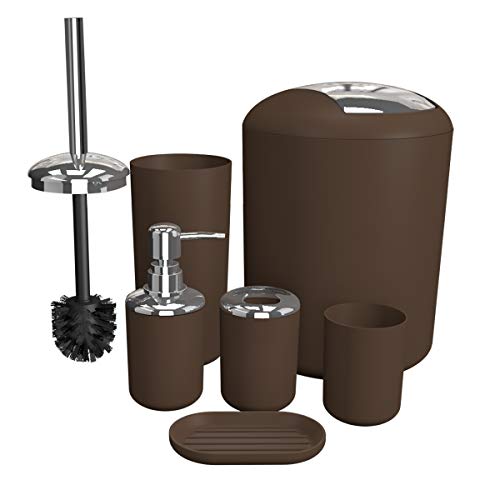 Book Cover Bathroom Accessories Set 6 Pieces Plastic Bathroom Accessories Toothbrush Holder, Rinse Cup, Soap Dish, Hand Sanitizer Bottle, Waste Bin, Toilet Brush with Holder (Brown)