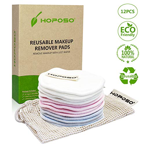 HOPOSO Reusable Cotton Pads Face Zero Waste 12 Pack Cotton Rounds Eye Makeup Remover Cloth Washable Cleansing Wipes Eco-friendly Bamboo Organic Cotton Rounds with Laundry Bag and Makeup Sponge