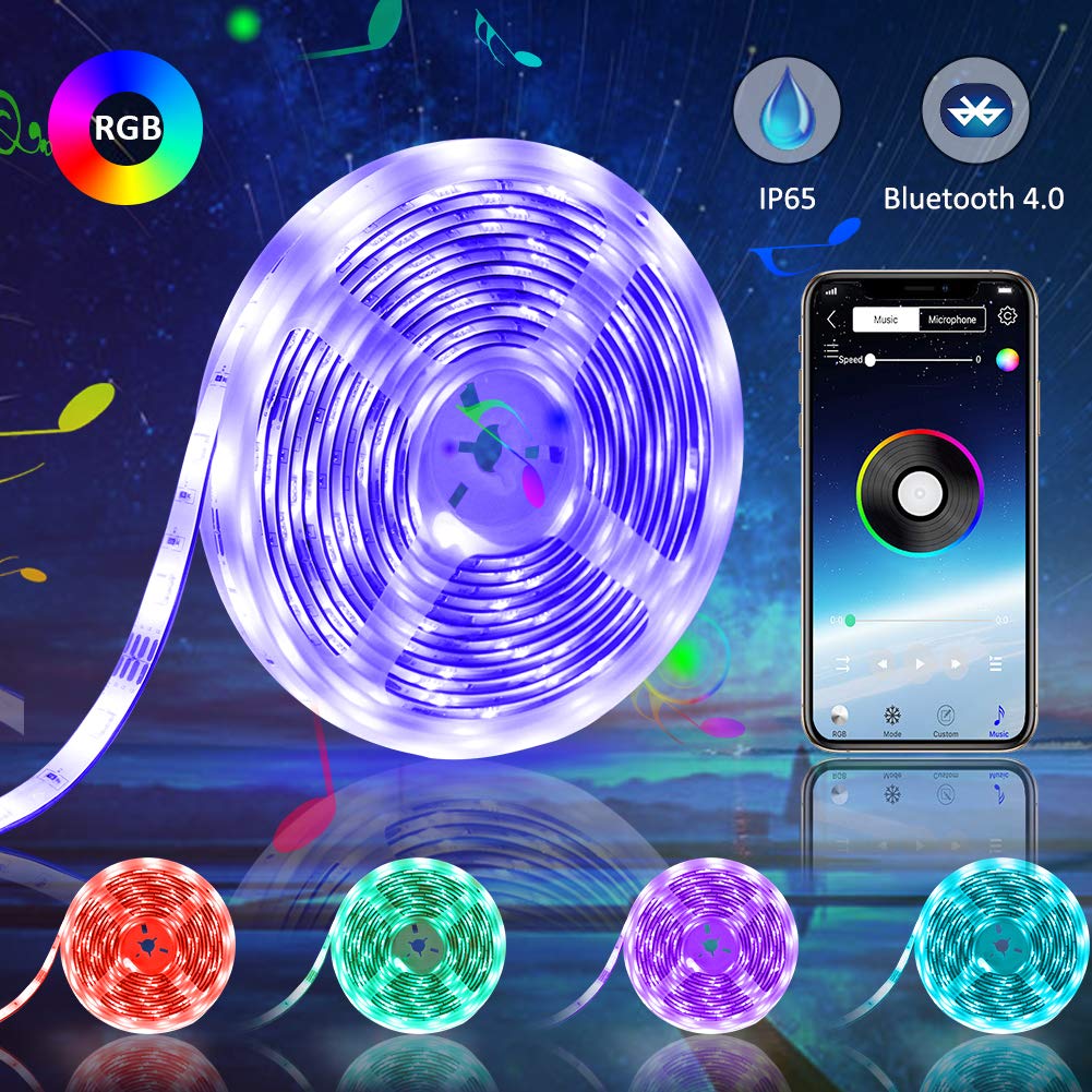 RGB Led Strip Lights Music Bluetooth 5M 16.54ft Strip Lights Color Changing APP Controlled Led Lights Strip Smart 12V Led Light Waterproof Custom Lights Strip Flexible for TV Home Kitchen Decor