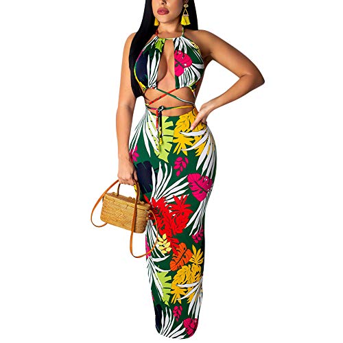 Women's Sexy Two-Piece Maxi Dress Halter Floral Printed V Neck Sleeveless Summer Beach Party Clubwear