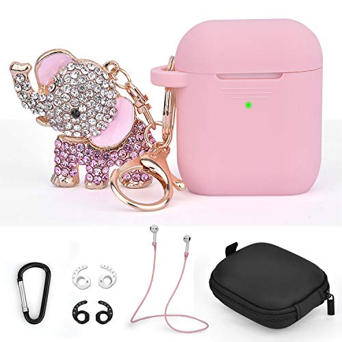 TOROTOP Compatible for Airpods Case Keychain Set 7 in 1 Silicone Protective Airpod Case Cover Accessories with Bling Elephant Keychain/Strap/Ear Hook/Travel Box Compatible for Apple Airpod 2&1(Pink)
