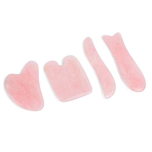Yokilly Gua Sha Scraping Massage Tools Kit, 4pcs Natural Jade Stone Guasha Board for Facial Body Skin, Lymphatic Drainage, SPA Acupuncture Therapy Trigger Point Treatment(Rose Quartz)