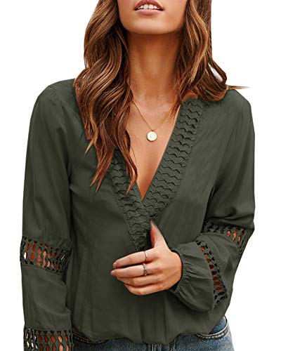 Ofenbuy Womens V Neck Lantern Long Sleeve Blouse Hollow Out Casual Summer Shirts Tops