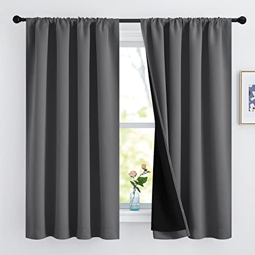 NICETOWN 100% Blackout Curtains 63 inches Long, Soft Thermal Insulated Rod Pocket 2-Layer Lined Drapes, Energy Efficiency Window Draperies for Bedroom (Grey, 2 Panels, 52-inch W)