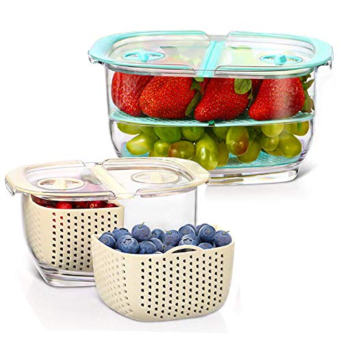 Fresh Fruit Vegetable Storage Container 2-Piece Partitioned Food Storage Container Sets with Vents Lids BPA-Free Veggie Saver Keeper Container for Strawberry berry cherry, 1.9/0.5 Quart