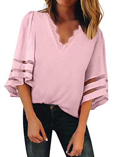 Book Cover BLENCOT Womens 3/4 Bell Sleeve V Neck Lace Patchwork Blouse Casual Loose Shirt Tops