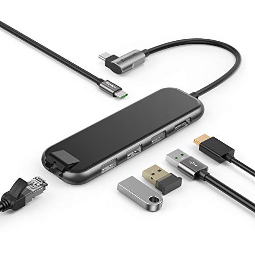 USB C Hub, Baseus 6 in 1 USB Type-C Docking Station with 1 Gbps Gigabit Ethernet, 4K HDMI, 60W PD, 3 USB 3.0 for MacBook/Pro/MacBook Air 2018,Chromebook,XPS,Galaxy S10/S9/S8/Note9/8,and More