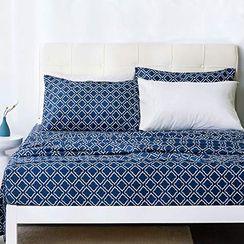 Book Cover Bedsure Pattern Queen Sheets - Printed Bed Sheet Set - Quatrefoil - Ultra Soft Microfiber - 14 inches Deep Pocket - 4 Pieces (Navy)