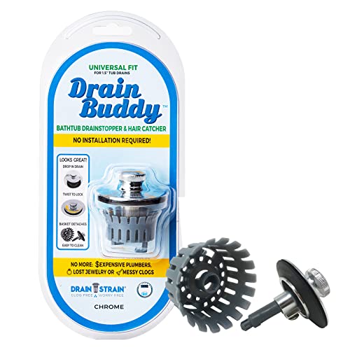Drain Buddy: 1.5â€ Wide Bathtub Drain Stopper Strainer with Hair Catcher - No Installation Clog Prevention, Fits 1.5â€ Tubs - Chrome Plated Cap - Seen On Shark Tank