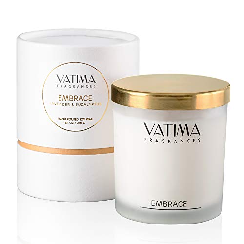 Book Cover VATIMA Embrace Scented Candle - Strong Fragrance of Lavender and Eucalyptus, Gift Ready, Hand-Poured, Eco-Friendly and All Natural Organic Soy Wax Candles - Fragrant Aroma - 40 Hours - 8.1 Oz