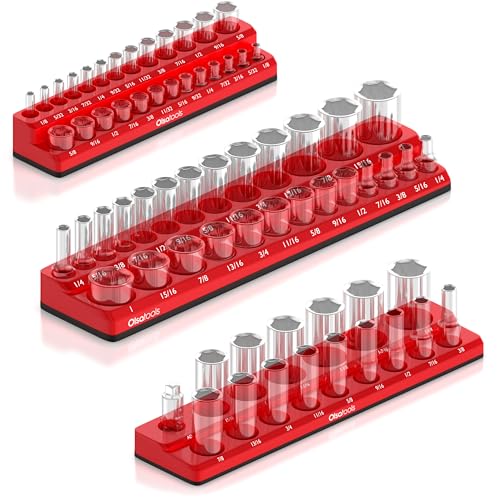 Olsa Tools Magnetic Socket Organizer | 3 Piece Socket Holder Kit | 1/2-inch, 3/8-inch, 1/4-inch Drive | SAE Red | Holds 68 Sockets | Premium Quality Tools Organizer