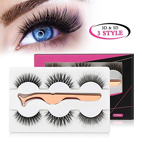 MAANGE 3 Styles Fake Eyelashes Handmade 3D & 5D False Eyelashes Reusable Eyelashes for Natural Look with Rose Golden Lash Applicator - 3 Pairs