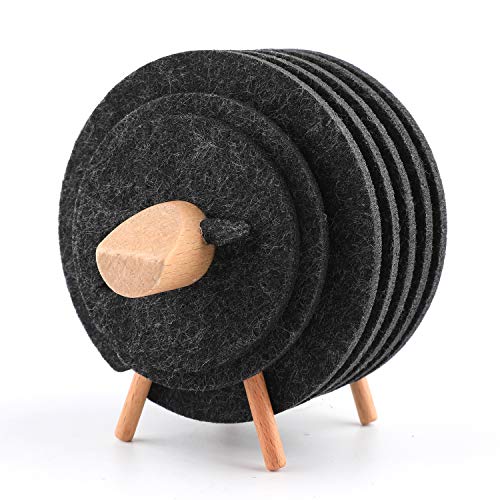 Coasters for Drink, Absorbent Set of 14 PCS,Funny Felt Cups Mugs Mats with Sheep Shaped Wood Holder,Decoration for Car Restaurant Home Office Bar, Housewarming Christmas Thanksgiving Gifts(Black)