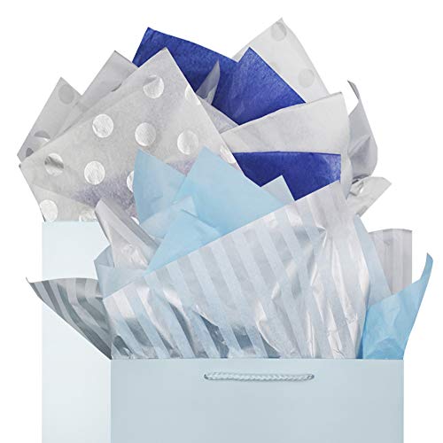 BllalaLab Tissue Gift Wrap Paper 60 Sheets Metallic Silver and Multi Color Blue Mix Set Premium Quality Recyclable Bulk, 26” x 20”, for DIY Art Craft Decoration, Birthday, Wedding, Baby Shower