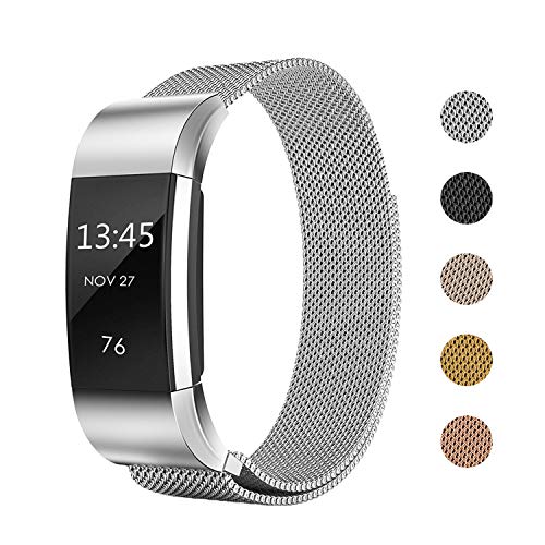 Keasy Replacement Bands Compatible with Fitbit Charge 2, Stainless Steel Metal Lock Replacement Wristband for Women Men (Silver, Large (6.1-9 Inch))