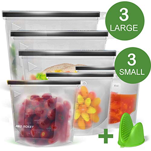 Redrocket Silicone Food Storage Bag - Leakproof, Freezer, Microwave, dishwasher safe for Sandwich, vegetable, Fruit, Meat, Lunch ,Snack, 6 Pack