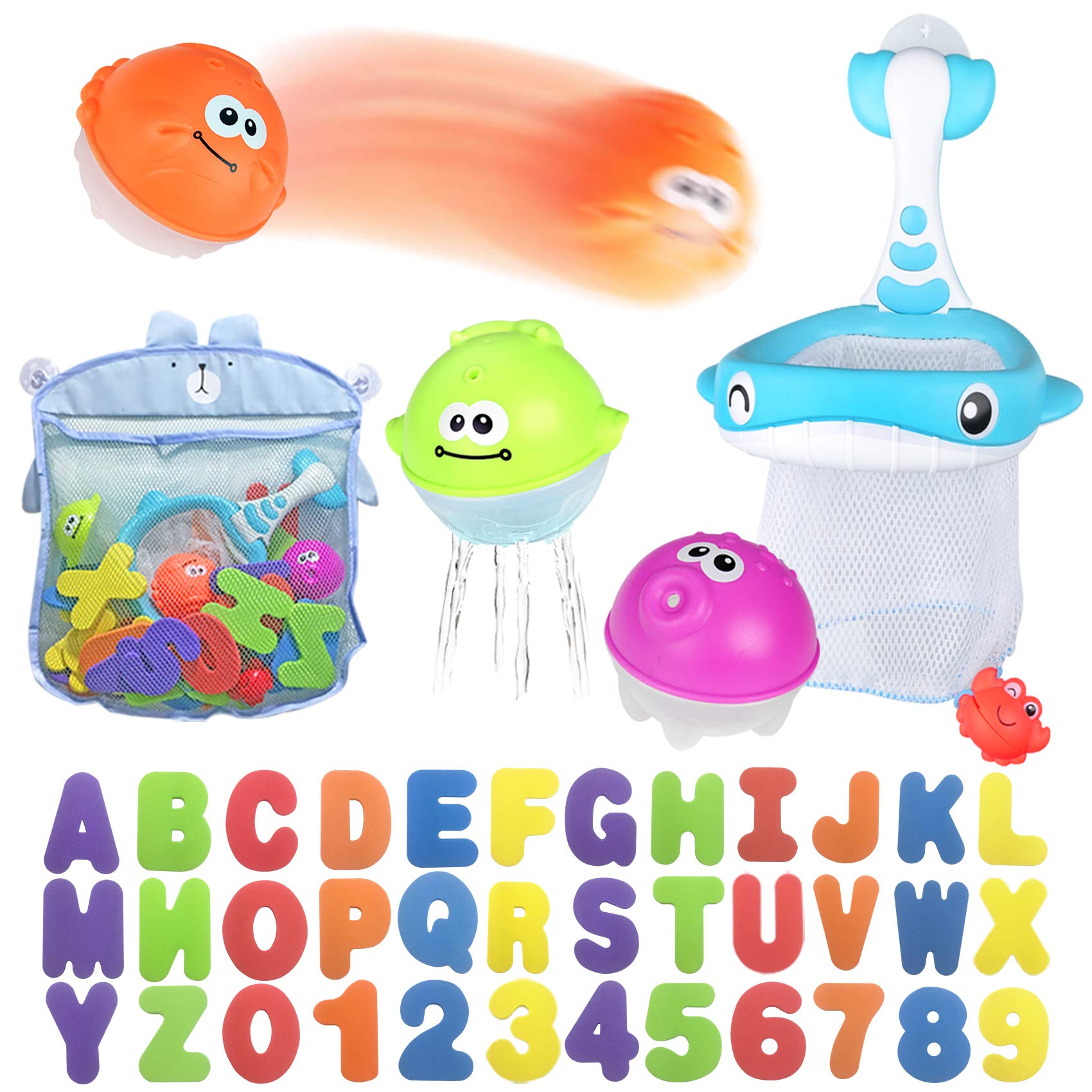 Book Cover Bath Toy Sets, 36 Foam Bath Letters and Numbers, Floating Squirts Animal Toys Set with Fishing Net and Organizer Bag, Fish Catching Game for Babies Infants Toddlers Bathtub Time